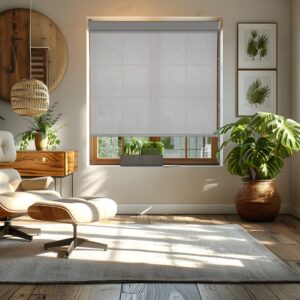 A bright living space window adorned with a gorgeous motorized solar shades filtering daylight beautifully.