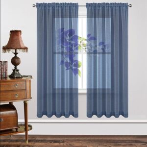 Joydeco bespoke window treatment showing an elegant navy blue sheer curtain installed in a clean modern room.