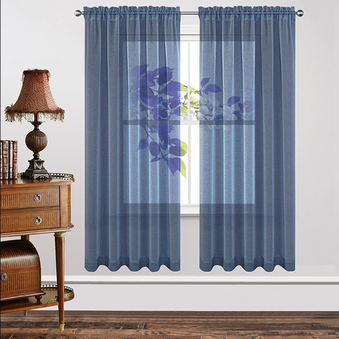 Joydeco Custom Sheer Curtain - Navy Blue 1 Joydeco bespoke window treatment showing an elegant navy blue sheer curtain installed in a clean modern room.