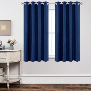 Nicely dressed home office layout focusing on the subtle weave pattern of a tailored royal blue thermal curtain.