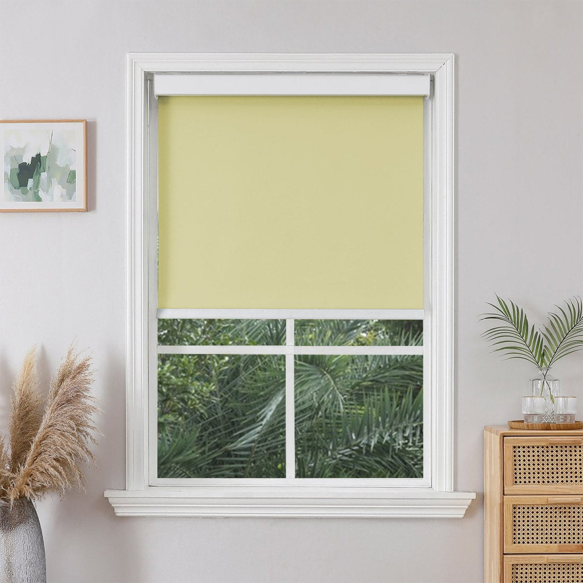 Joydeco Custom Traditional Blackout Roller Shades - Light Yellow 1 Sleek architectural living area showcasing how an optimized traditional shade light yellow shields a room from direct solar heat.