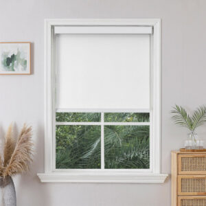Modern automated smart home windows featuring high-quality roller shades off white installed in a bright modern workspace.