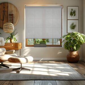 Joydeco bespoke window treatment showing an elegant traditional solar shades installed in a clean modern room.
