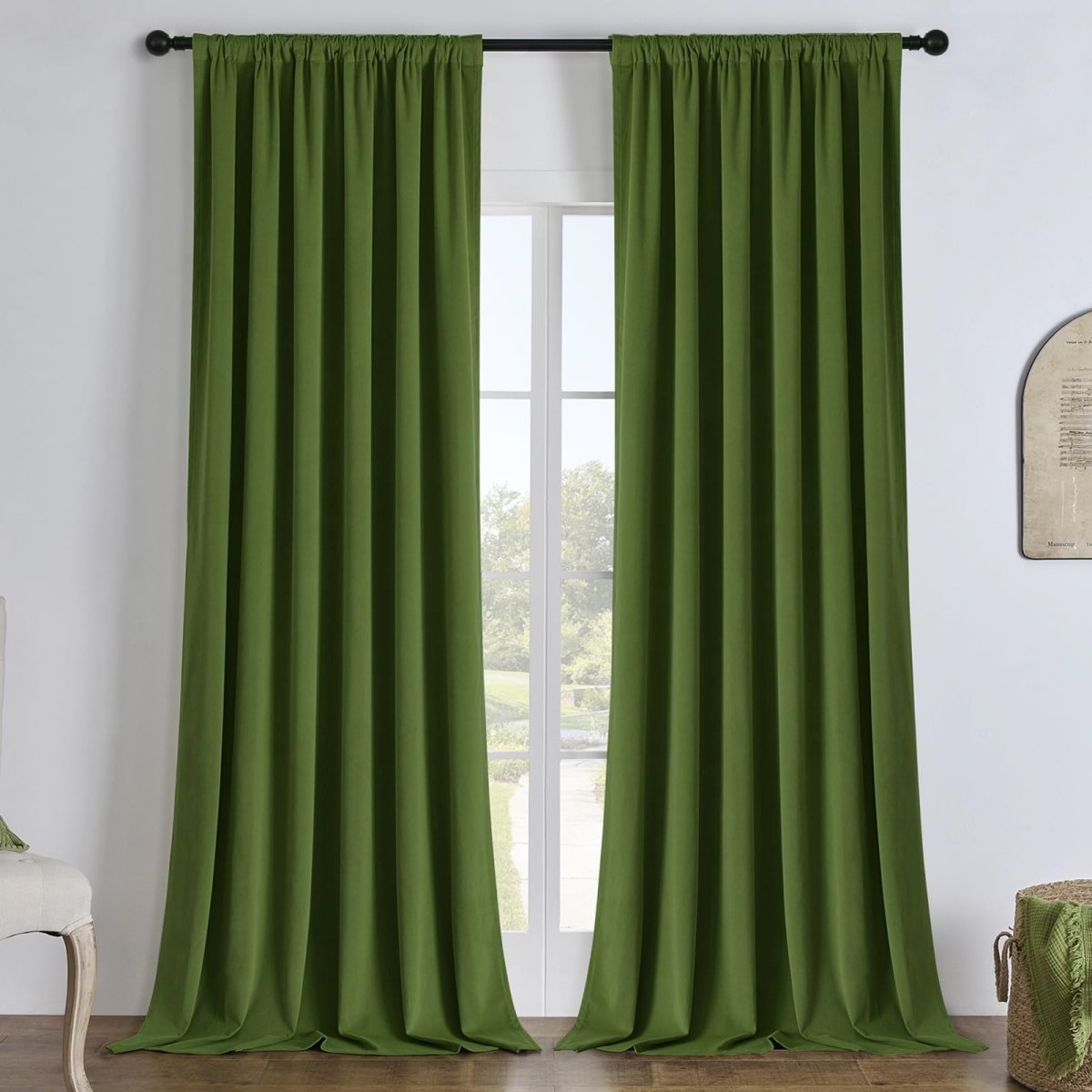 Joydeco Custom Velvet Blackout Back Tab Rod Pocket Curtain - Forest Green 1 A tailored residential window layout showcasing beautiful velvet blackout forest green installed cleanly across a sunlit room.