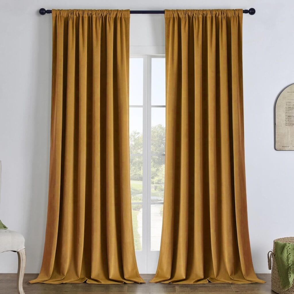 Polished contemporary floor space displaying a high-quality velvet blackout golden brown styled neatly along a hallway window.