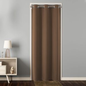 Joydeco interior decor concept highlighting full coverage extra wide brown curtains set alongside a glass panel.