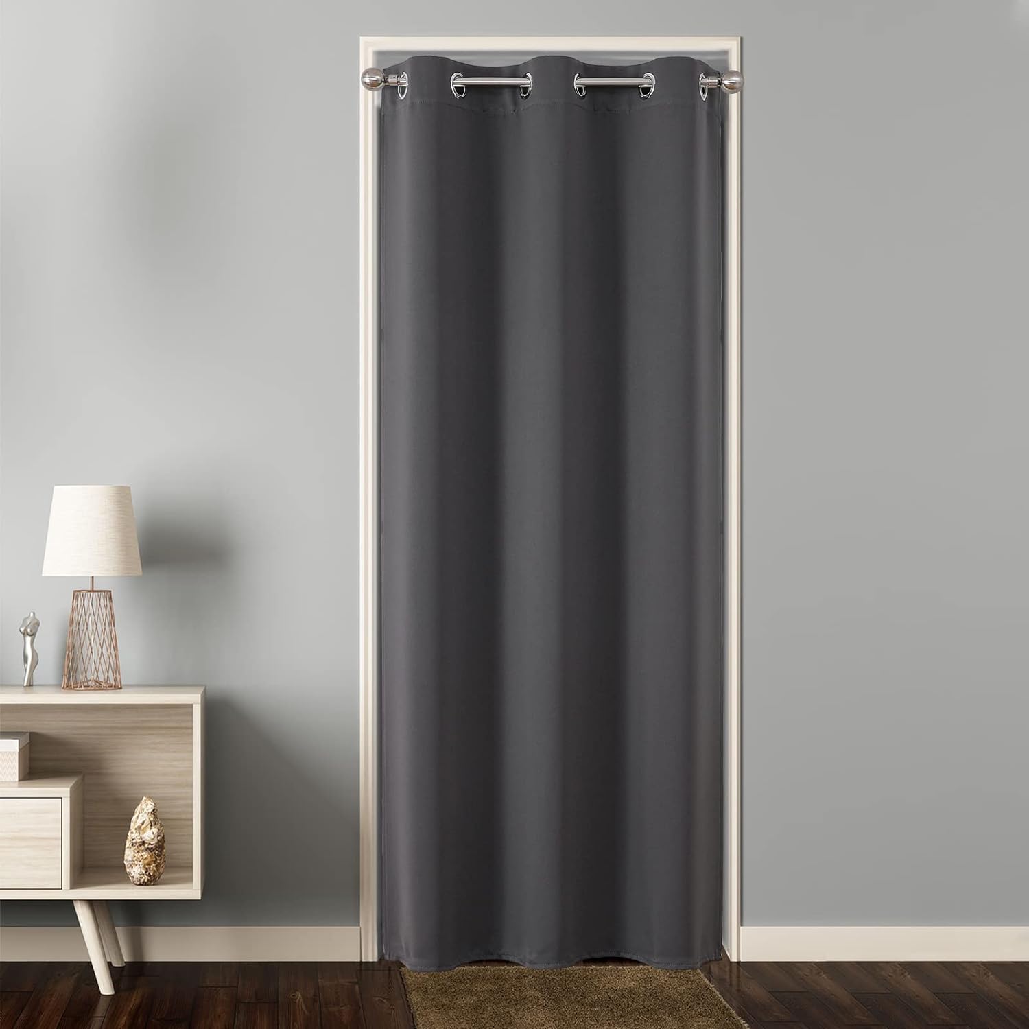 Joydeco Extra Wide Blackout Curtains for Sliding Glass Doors & Patio - Light Grey 1 Beautifully arranged window frame accented with high-density extra wide light grey curtains blocking out the afternoon glare.