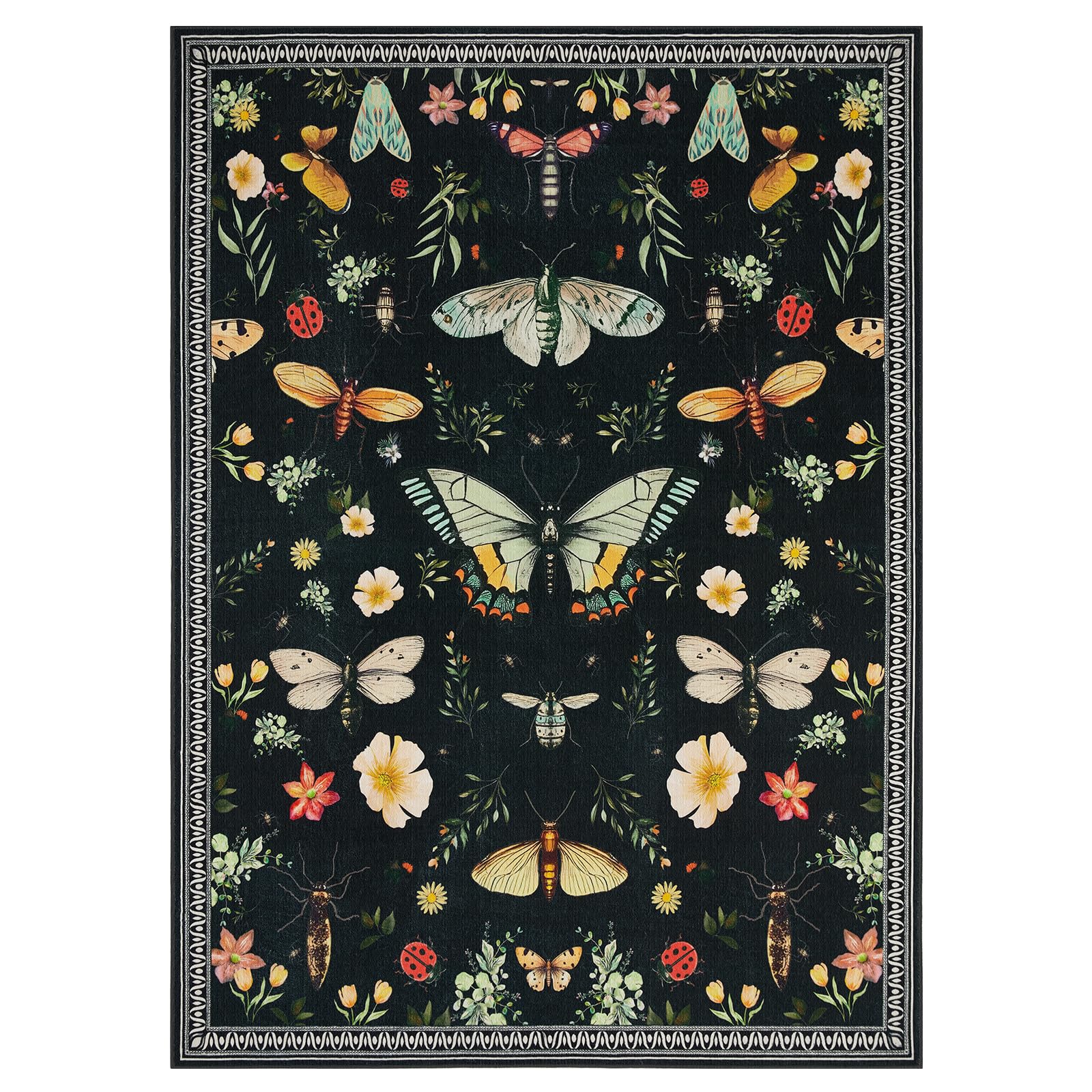 Joydeco Insect Floral Washable Runner Rug, Non-Slip Low-Pile Indoor Floor Rug - Black 1 Joydeco functional home product display showcasing a durable black insect bathroom rug installed over a clean layout.