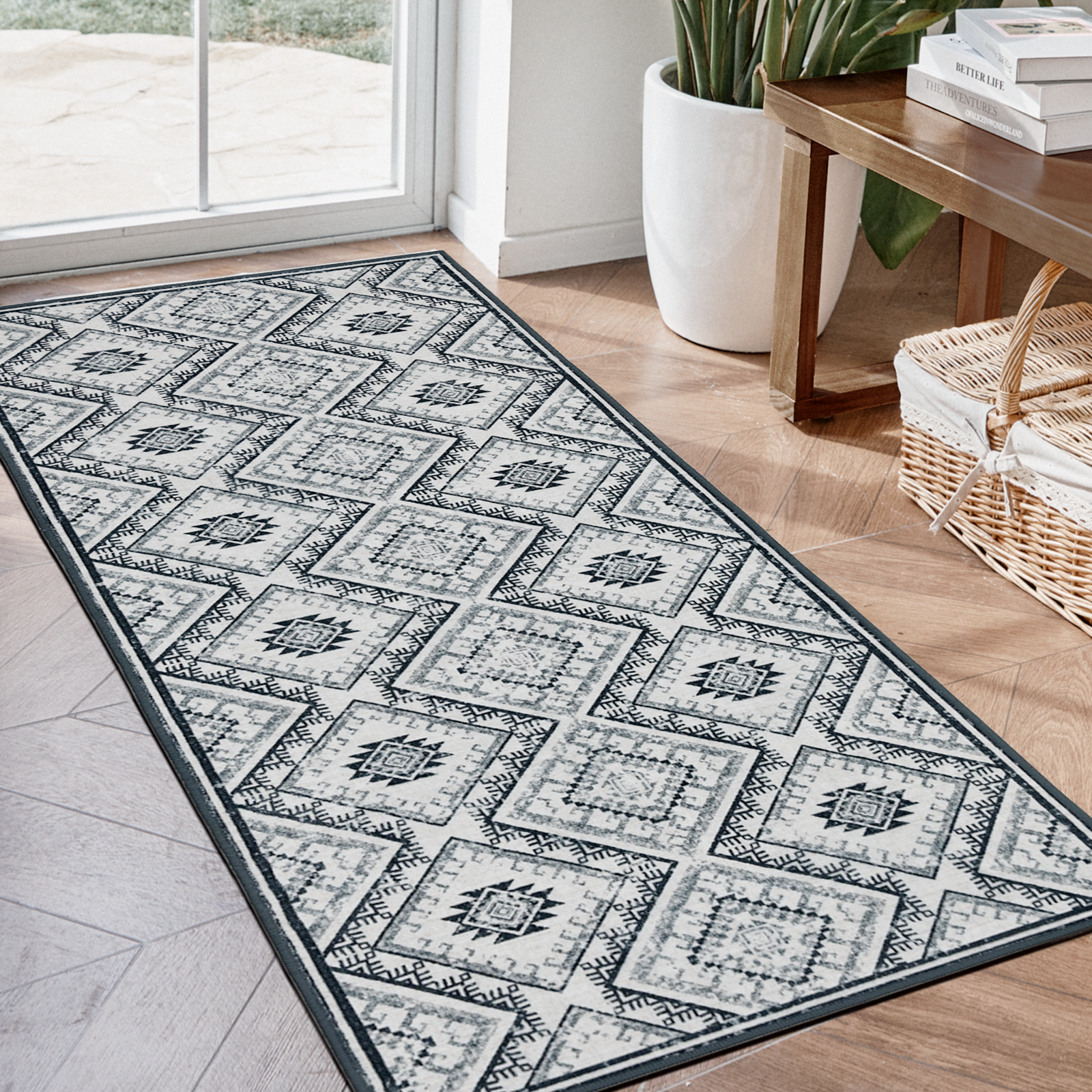 Joydeco Non-Slip Machine Washable Vintage Chenille Runner Rug - Black & White 1 Sleek architectural doorway presentation featuring the elegant long hang profile of a custom-tailored washable rug black white.