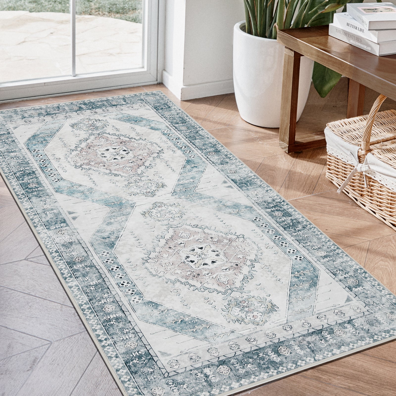 Joydeco Non-Slip Machine Washable Vintage Chenille Runner Rug - Blue & White 1 Joydeco soft textiles showcase featuring a premium quality washable runner rug blue white loosely folded over a contemporary sofa frame.