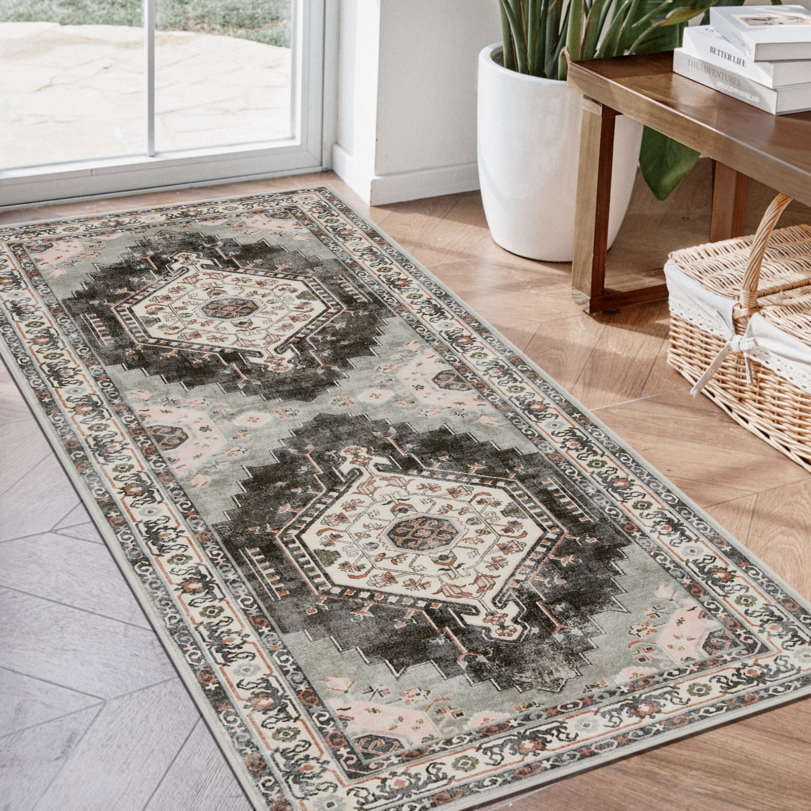 Joydeco Non-Slip Machine Washable Vintage Chenille Runner Rug - Grey, Beige & Red 1 Sleek architectural setup showcasing a functional washable rug grey beige red shielding a bright room to optimize screen visibility.