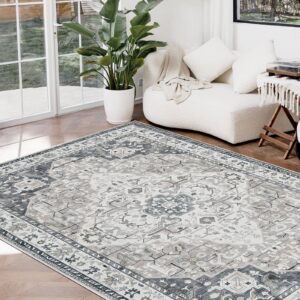 A decorative home layout emphasizing a beautiful washable runner rug grey white laid down neatly across an elegant entryway corridor.