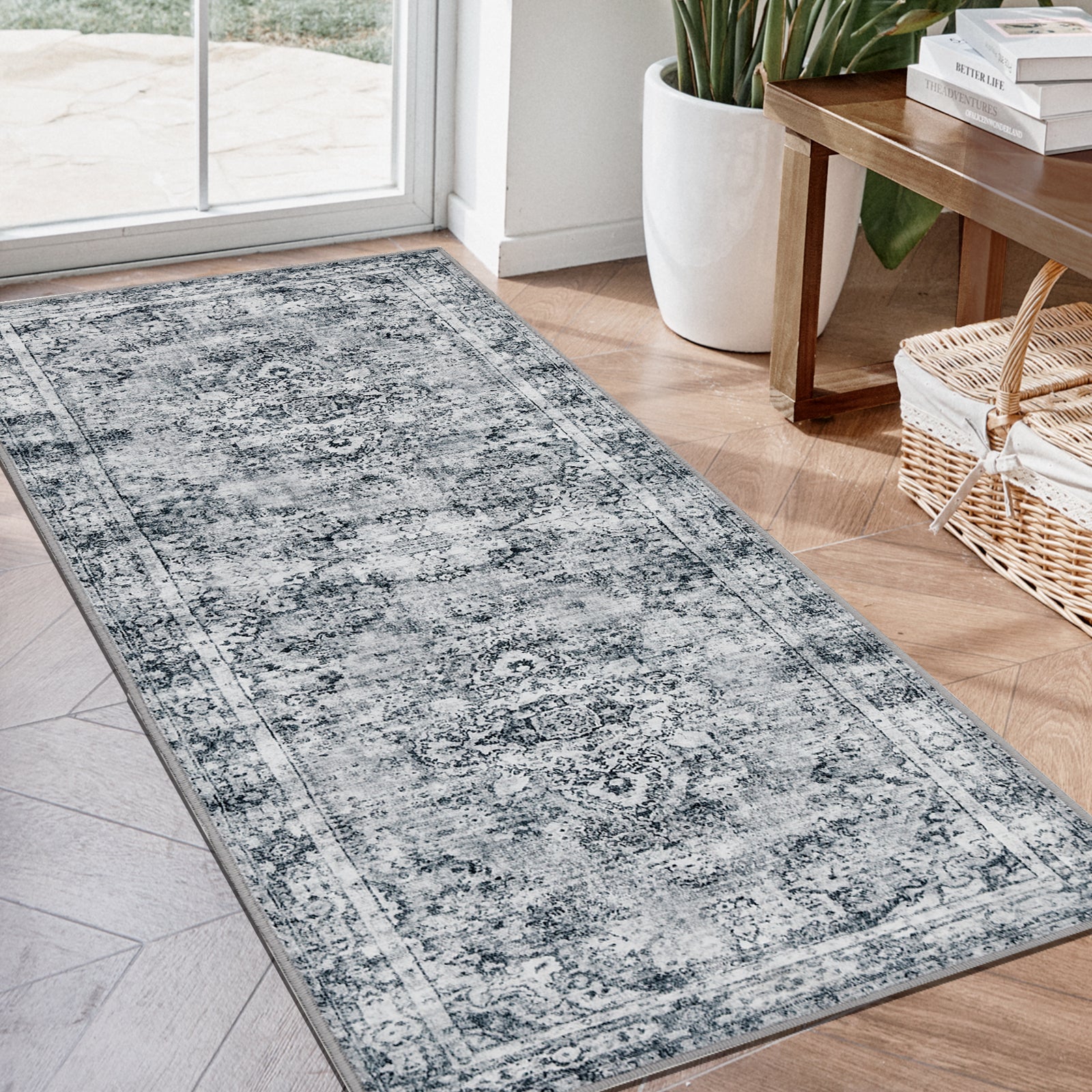 Joydeco Non-Slip Machine Washable Vintage Chenille Runner Rug - Light Grey 1 Polished interior window frame displaying how a customized washable runner rug light grey limits direct afternoon solar reflections.