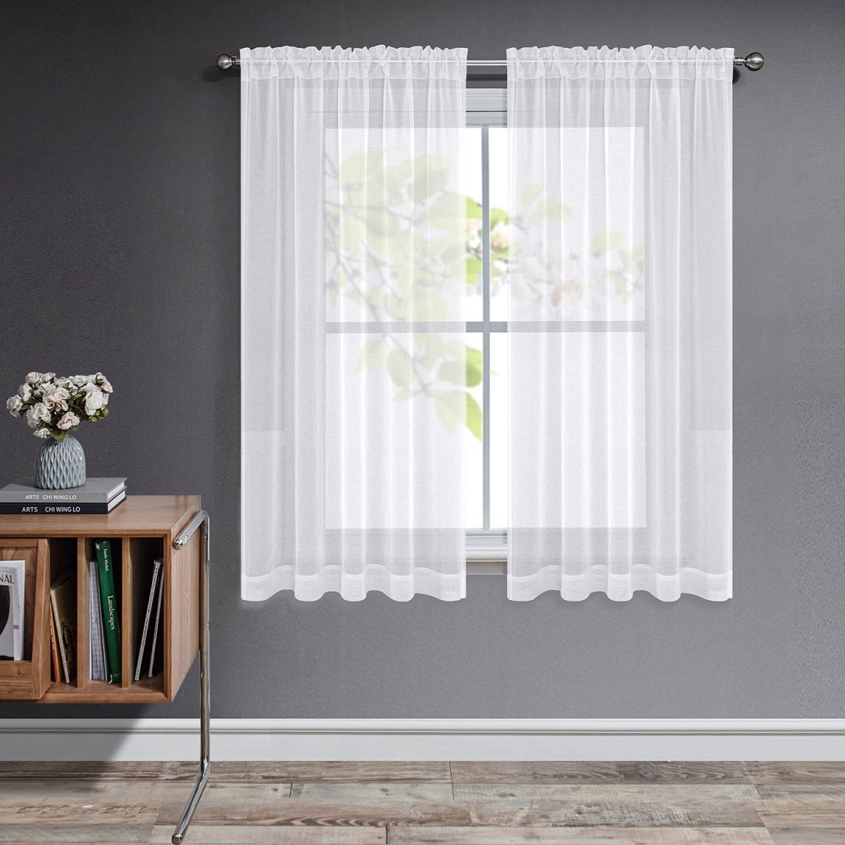 Joydeco Off White Sheer Curtains - 2 Panels, Rod Pocket - Off White 1 Joydeco functional home decor presentation showcasing off white sheer curtains in bright midday illumination.