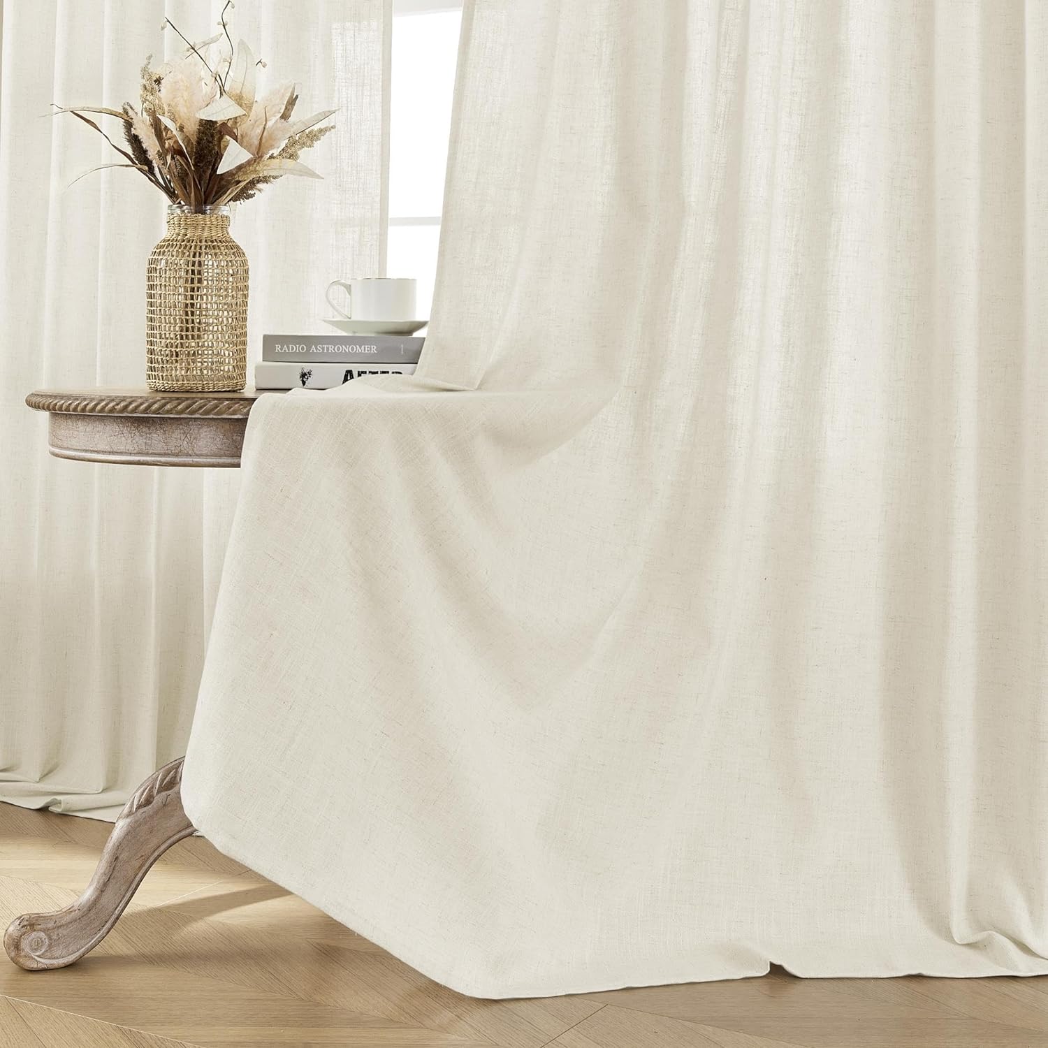 Joydeco Semi-Sheer Linen Curtains - 2 Panel, Light Filtering - Ivory on Linen 1 Close-up macro view accenting the light-filtering weave texture and precise construction of a custom semi sheer linen ivory.