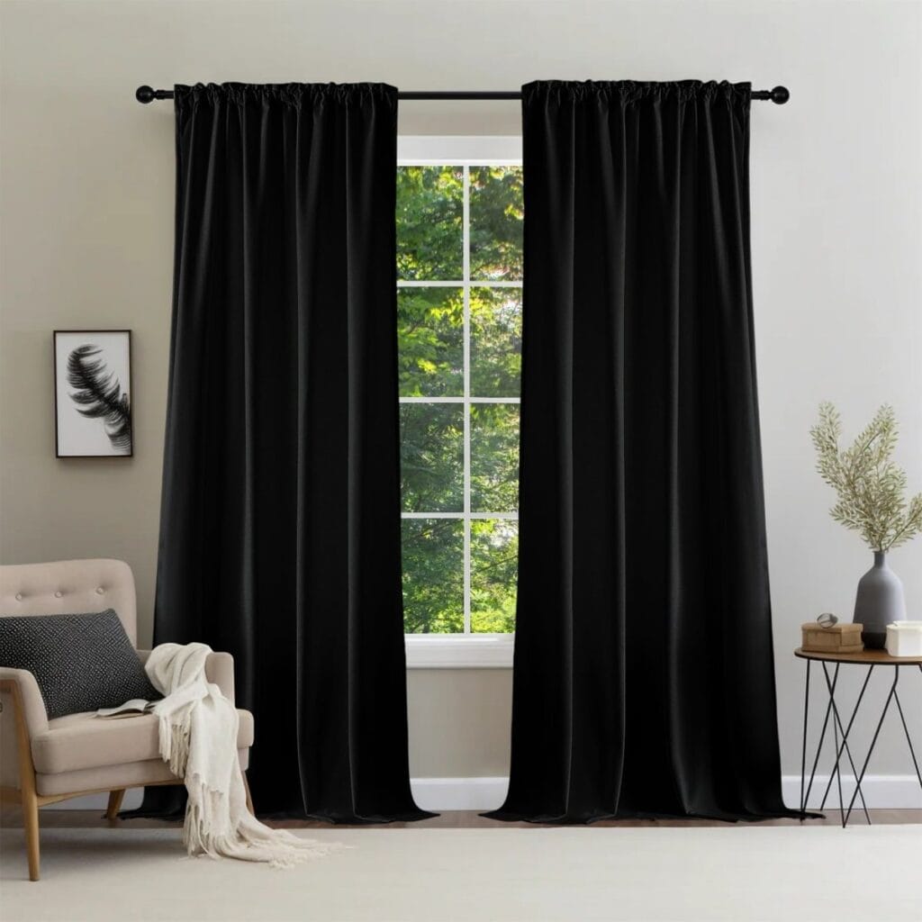 Modern residential window decor showcasing premium velvet black blackout under natural morning light.