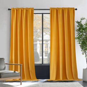 Modern residential window decor showcasing premium blackout velvet golden yellow under natural morning light.