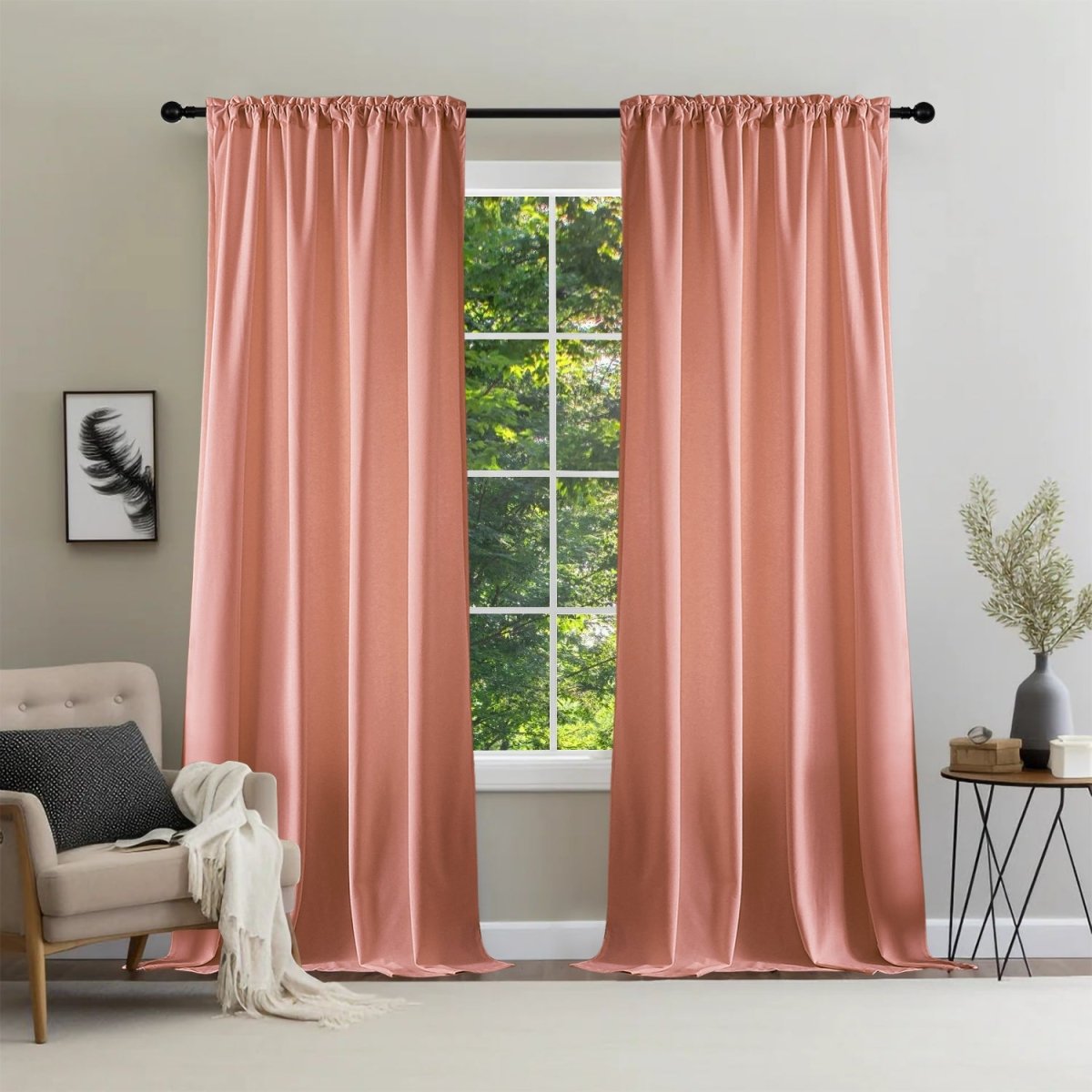 Joydeco Velvet Blackout Curtains - Thermal Insulated & Rod Pocket - Pink 1 Joydeco heavy-duty fabric presentation highlighting velvet pink blackout in a cozy living room.