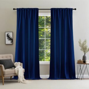Luxury modern interior featuring high-quality royal blue rod pocket curtains hung over a large patio doorway.