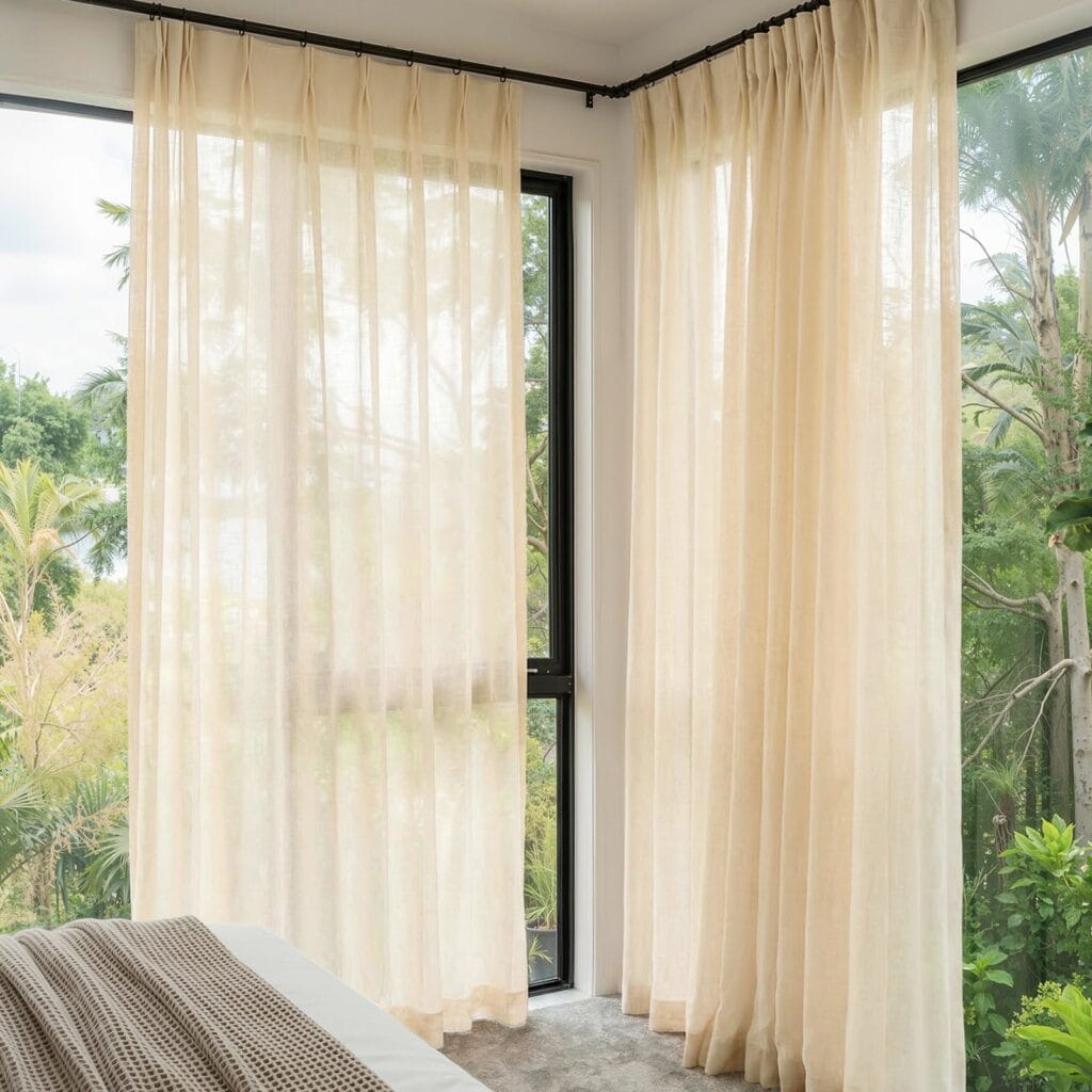 A modern well-lit living area featuring an elegant linen sheer curtain beige filtering daylight beautifully.