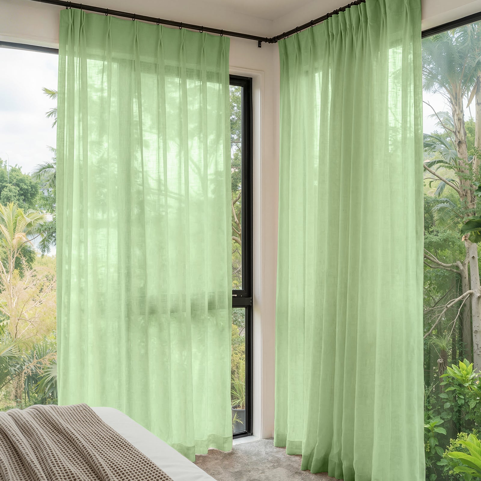 Linden Linen Blend Sheer Curtain - Grass Green 1 Sleek architectural space highlighting how an integrated sheer curtain grass green installation handles incoming reflections gracefully.