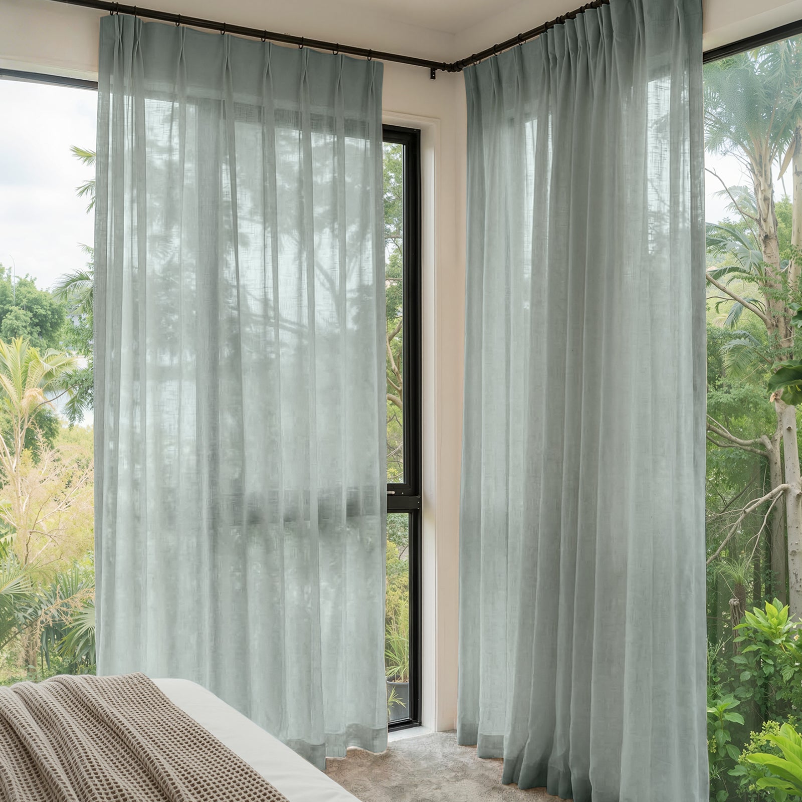 Linden Linen Blend Sheer Curtain - Grey 1 Joydeco tailored interior window treatment displaying a custom linen sheer curtains grey setup over a contemporary layout.