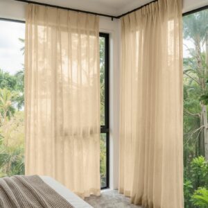 Joydeco tailored interior window treatment displaying a custom linen sheer curtain sand beige setup over a contemporary layout.