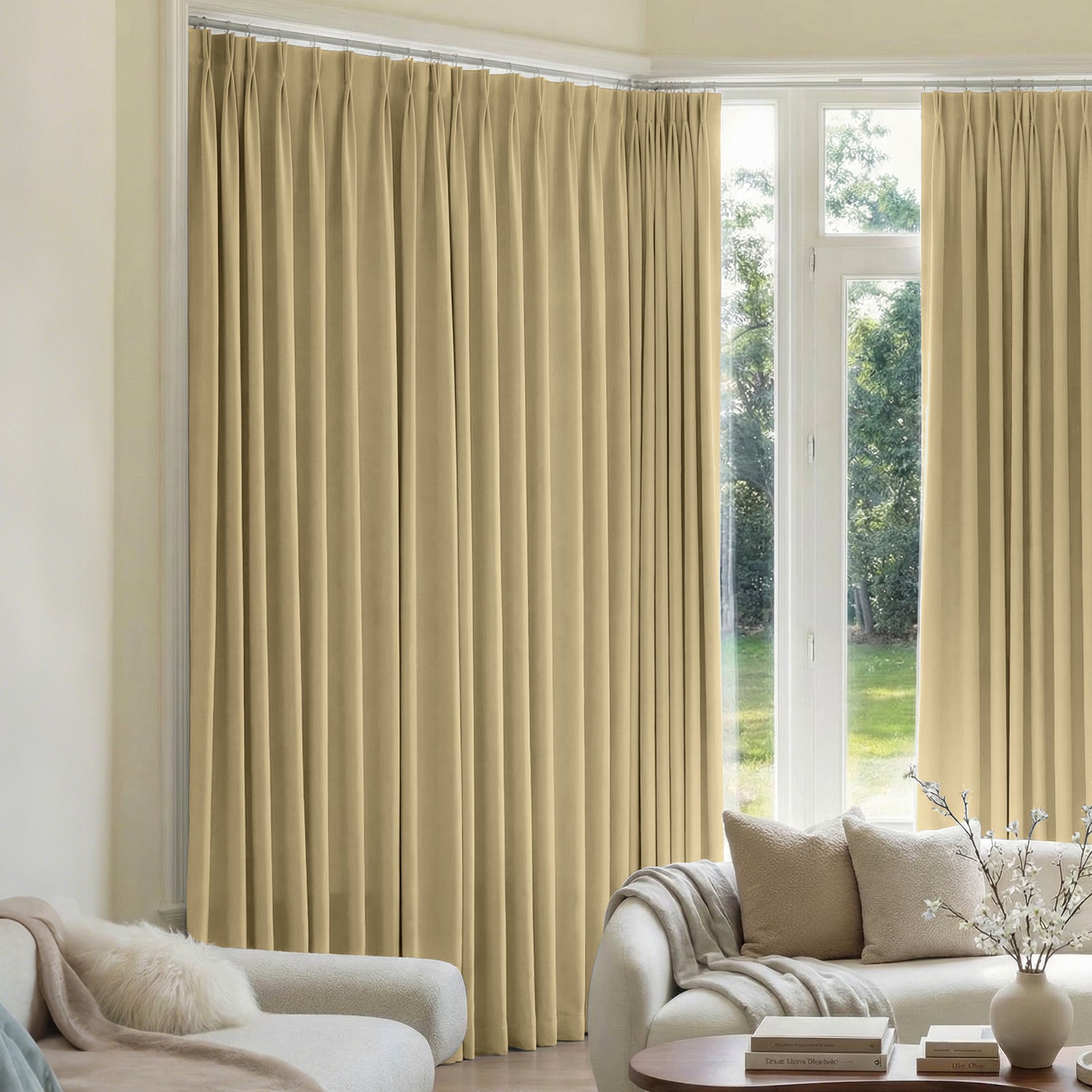 Mason Triple Weave Blackout Curtain - Beige 1 Sleek architectural living zone showcasing how an integrated blackout curtain beige setup filters intense direct afternoon solar rays.