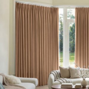 A modern home window layout displaying a high-quality blackout curtain brown drawing together beautifully.
