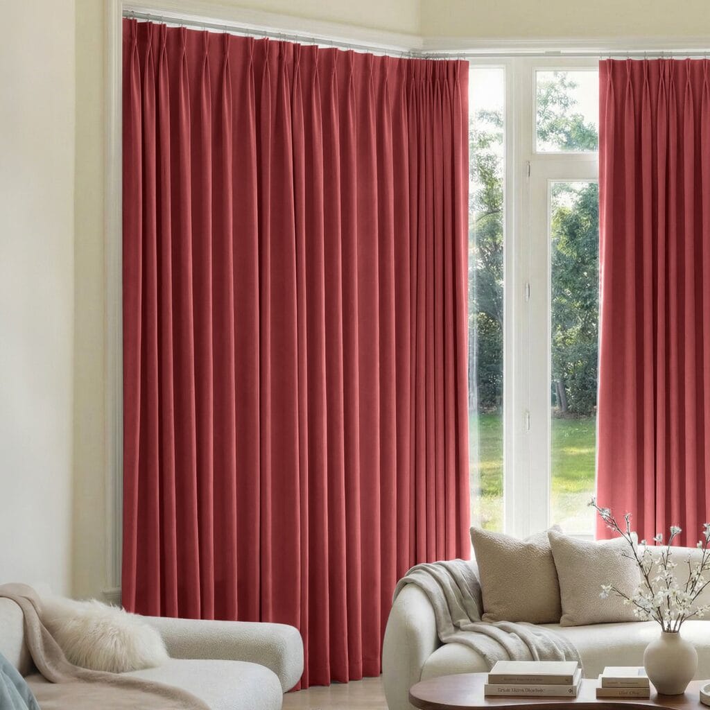 Joydeco tailored window treatment presentation highlighting premium blackout curtain burgundy red setup over a clean living room setting.