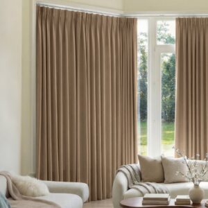 A modern home window layout displaying a high-quality blackout curtain khaki drawing together beautifully.