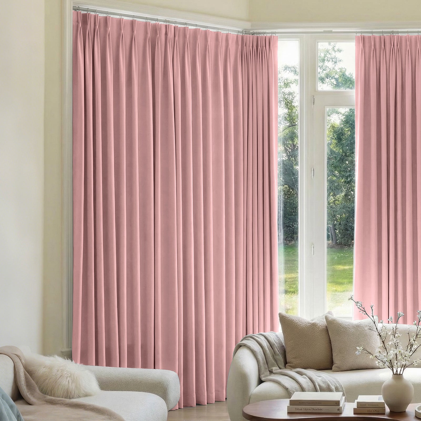 Mason Triple Weave Blackout Curtain - Light Pink 1 Sleek architectural living zone showcasing how an integrated blackout curtains light pink setup filters intense direct afternoon solar rays.