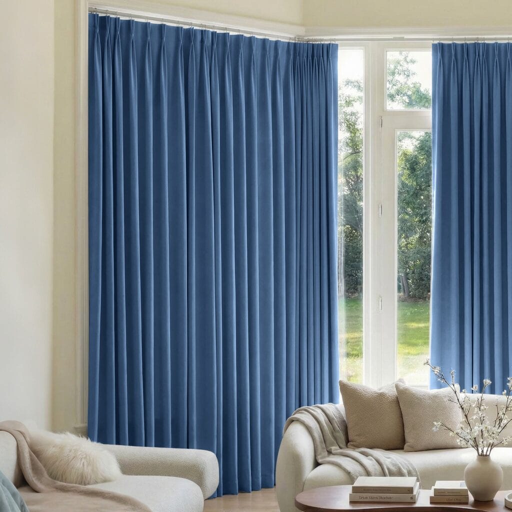 Polished apartment layout focusing on the crisp horizontal fall profile of a tailored navy blue blackout curtain set.