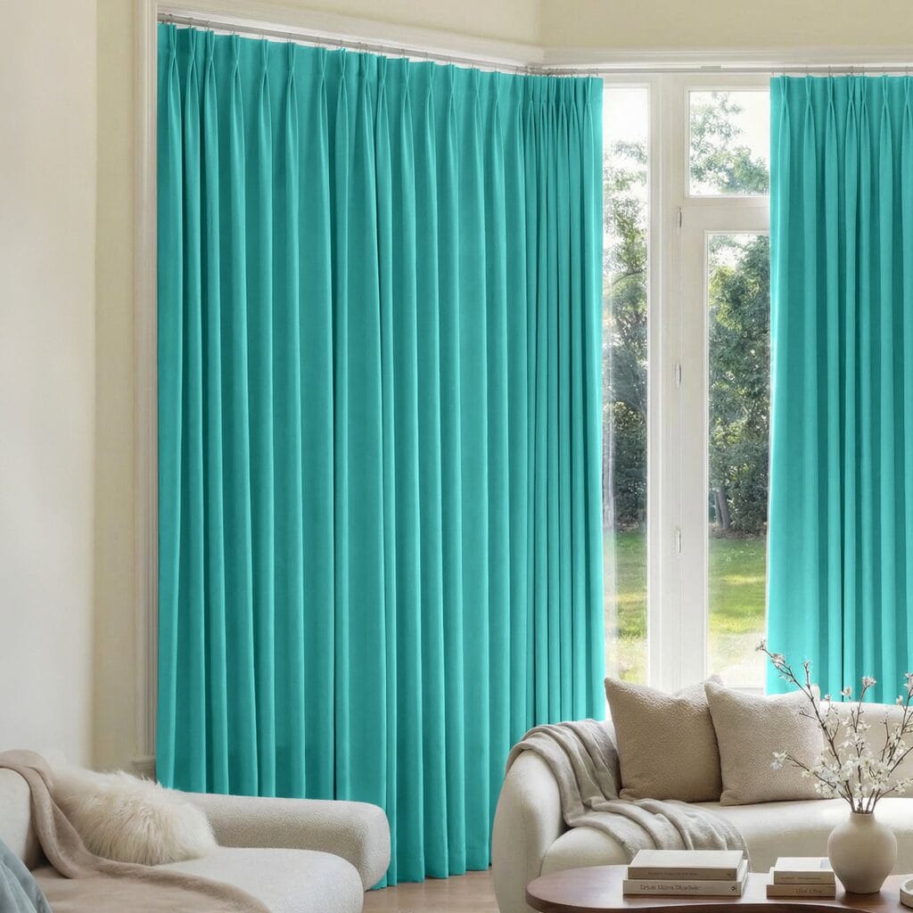 Joydeco tailored interior window treatment displaying a custom blackout curtain peacock blue setup over a contemporary layout.