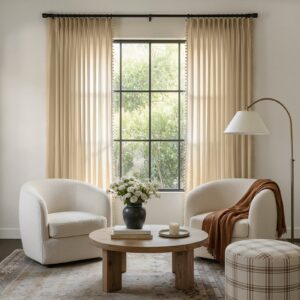 Polished apartment layout focusing on the crisp horizontal fall profile of a tailored geometric sheer curtain khaki set.