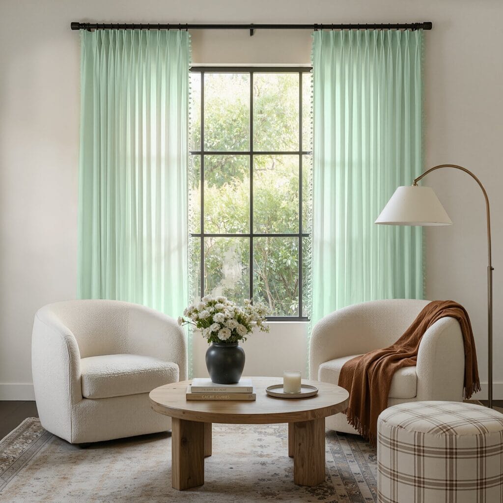 Close-up macro shot focusing on the delicate fabric weave of this sheer curtain light green in a modern living room