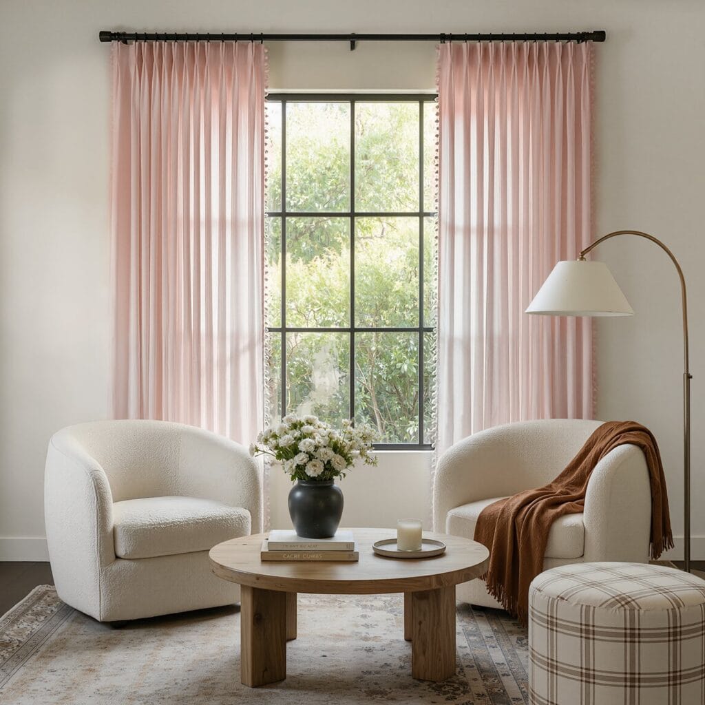 Polished apartment layout focusing on the crisp horizontal fall profile of a tailored geometric sheer curtain pink set.