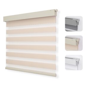 Joydeco functional room display focusing on custom zebra blinds light beige arranged over a minimalistic layout.
