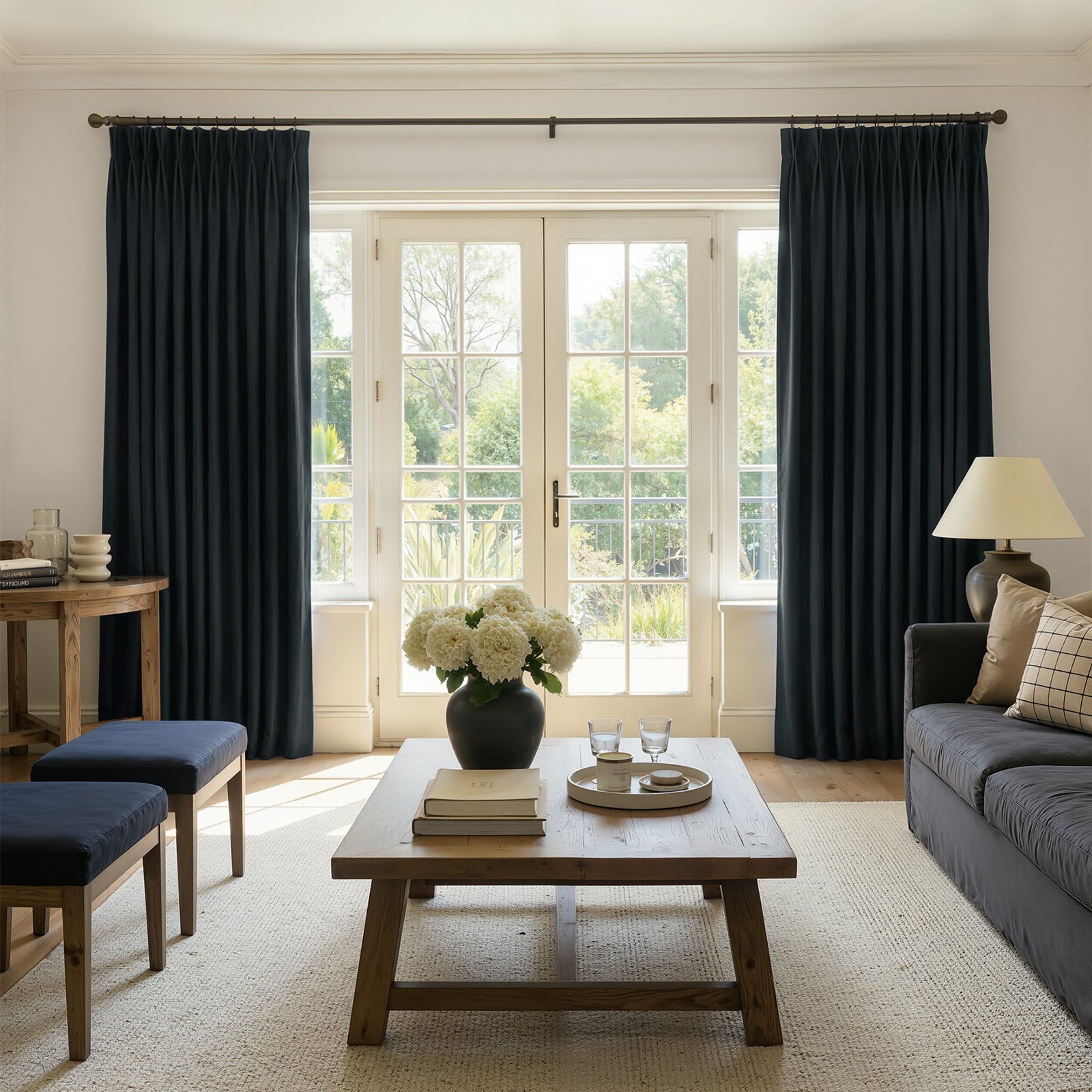 Sloane Velvet Room Darkening Curtain - Black 1 Joydeco tailored interior window treatment displaying a custom darkening curtain black setup over a contemporary layout.