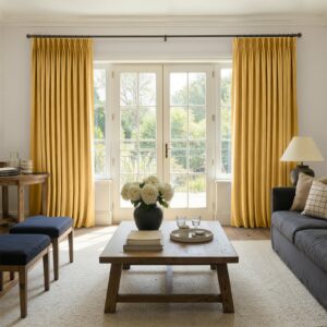 A modern well-lit living area featuring an elegant darkening curtain egg yellow filtering daylight beautifully.
