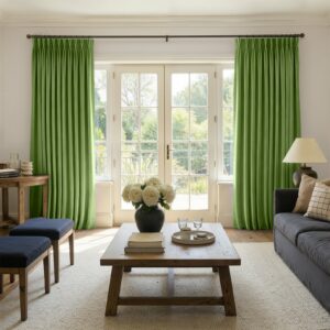 Joydeco tailored interior window treatment displaying a custom darkening curtain forest green setup over a contemporary layout.