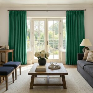 A modern well-lit living area featuring an elegant darkening curtain hunter green filtering daylight beautifully.
