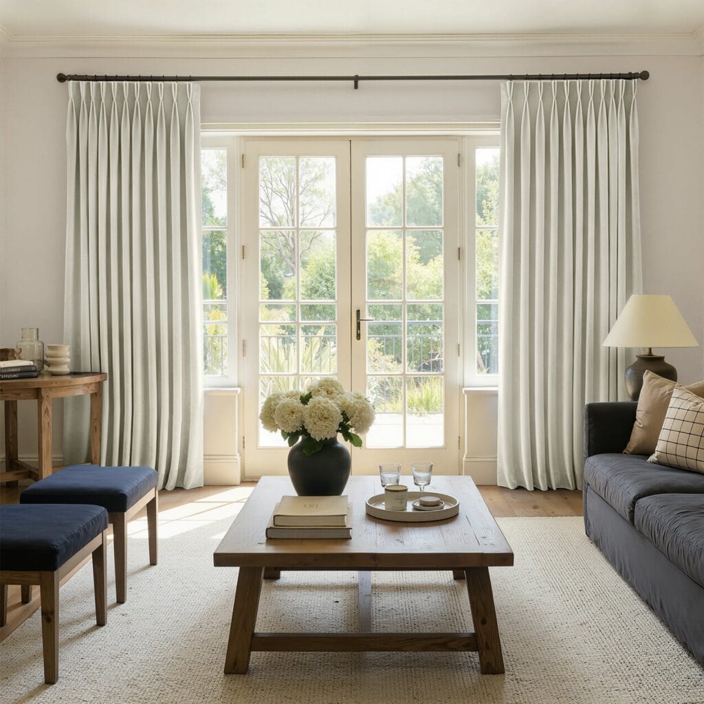 A modern well-lit living area featuring an elegant darkening curtain ivory white filtering daylight beautifully.