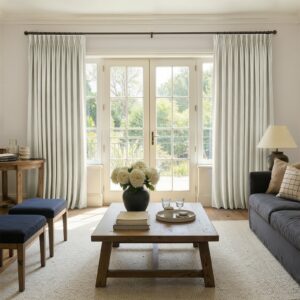 A modern well-lit living area featuring an elegant darkening curtain ivory white filtering daylight beautifully.