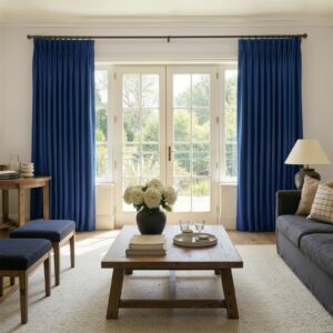 Polished apartment layout focusing on the crisp horizontal fall profile of a tailored darkening curtain navy blue set.