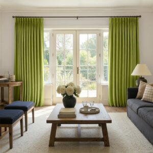 Joydeco tailored interior window treatment displaying a custom darkening curtain olive green setup over a contemporary layout.
