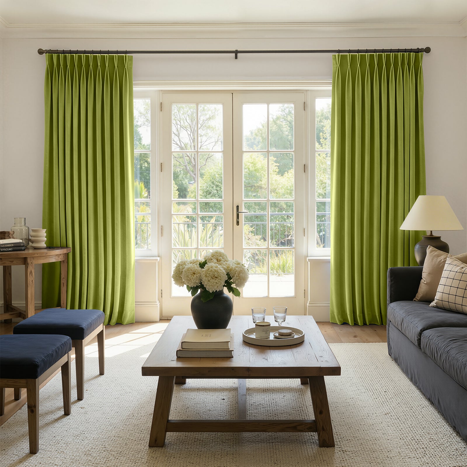 Sloane Velvet Room Darkening Curtain - Olive Green 1 Joydeco tailored interior window treatment displaying a custom darkening curtain olive green setup over a contemporary layout.
