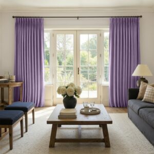 Polished apartment layout focusing on the crisp horizontal fall profile of a tailored darkening curtain purple set.