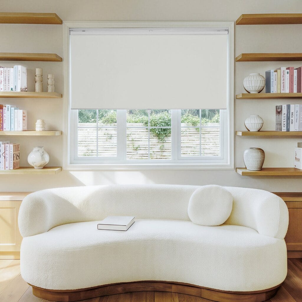 Joydeco functional home product display showcasing a durable sutton ivory roller shade installed over a clean layout.