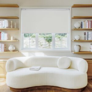 Joydeco functional home product display showcasing a durable sutton ivory roller shade installed over a clean layout.